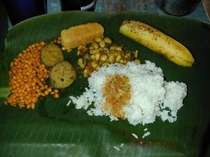 A mealon a banana leaf.