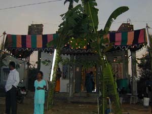 Anandan's new home is decorated for the housewarming ceremony.